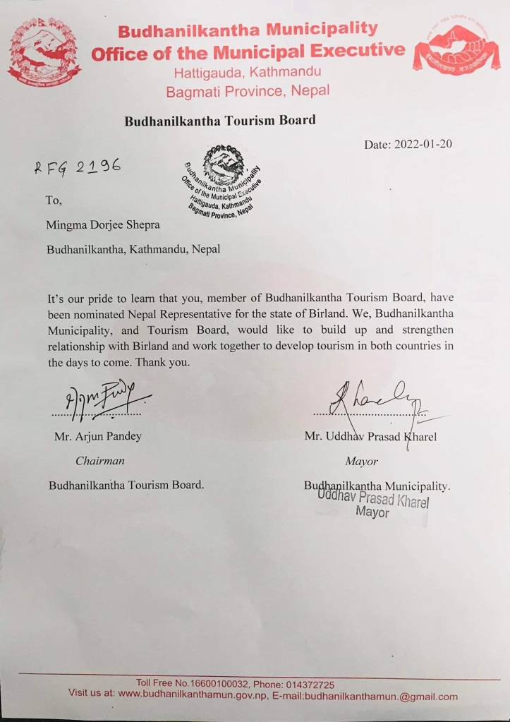 Birland Agreement with Budhanikantha Toursit Board Provice Nepal