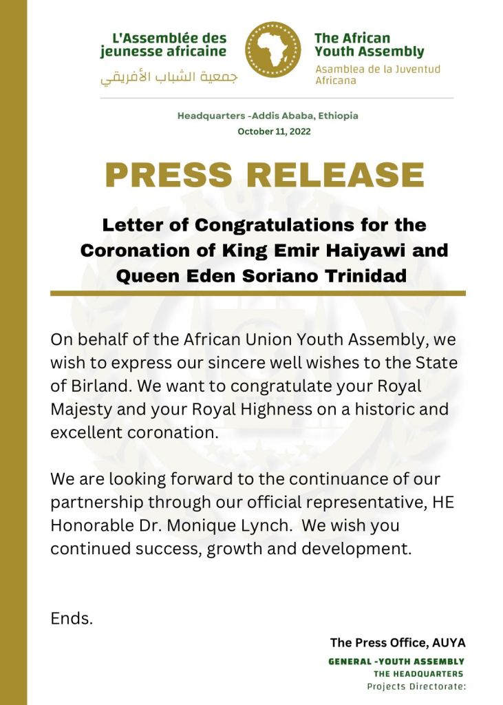 Letter of Congratulations for Coronation from African Youth Assembly