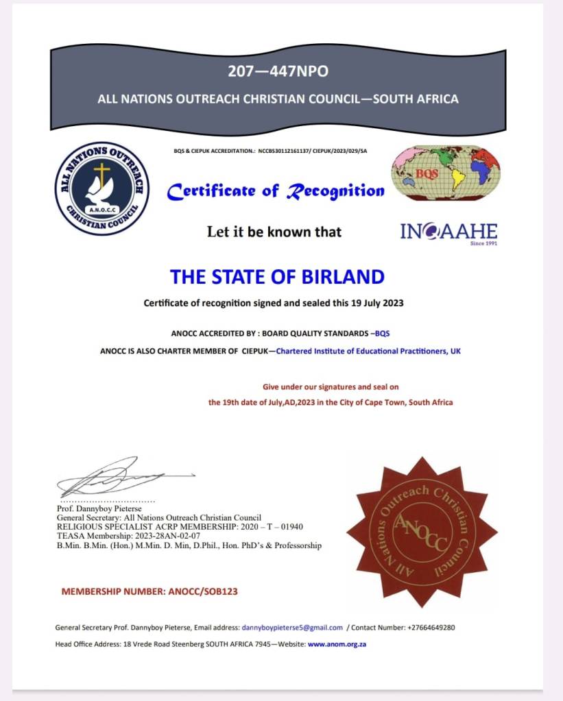 All Nations Outreach Christian Council in South Africa for the Certificate of Recognition
