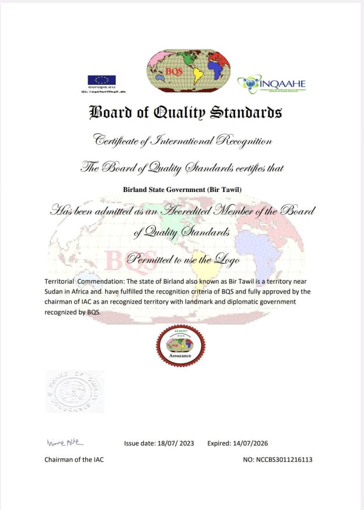 Certificate of International Recognition The Brand of Quality Standards of The Birland State (Bir Tawil)