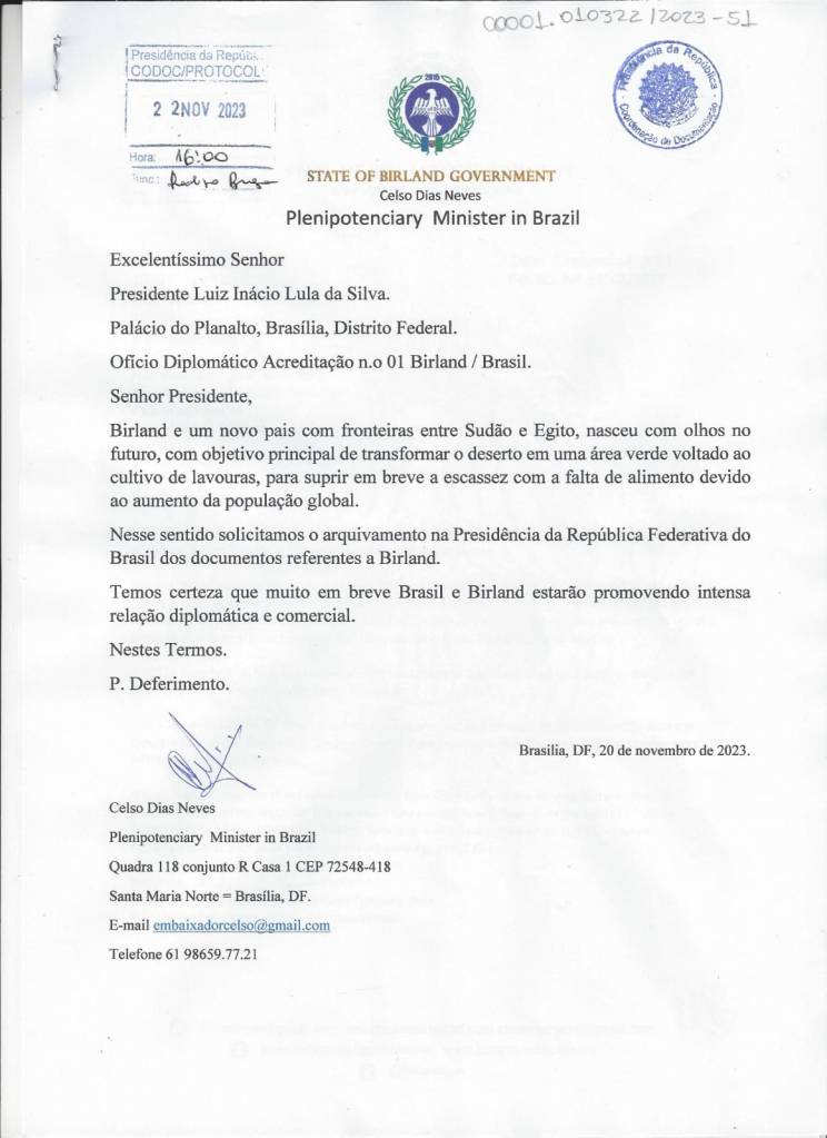Birland letters & documents successfully submitted to the President of Brazil